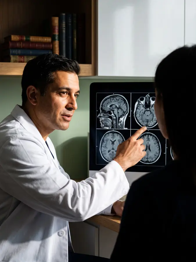 Médico explicando exame de imagem ao paciente