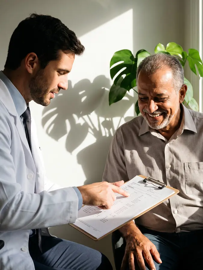 Médico explicando resultados de exames ao paciente na consulta de urologia