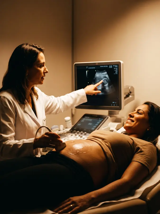 Médica realizando ultrassom e mostrando o resultado à paciente na Atend Já